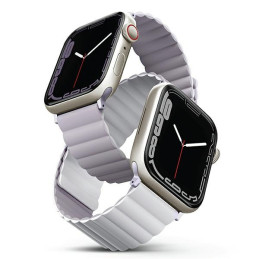 Pasek UNIQ Revix Apple Watch 4/5/6/7/SE/8/9/Ultra 44/45/49mm Reversible Magnetic lilak-biały/lilac-white
