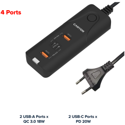 CANYON Ładowarka sieciowa H-10 PD20W QC3.0 2×USB-A 2×USB-C Czarna