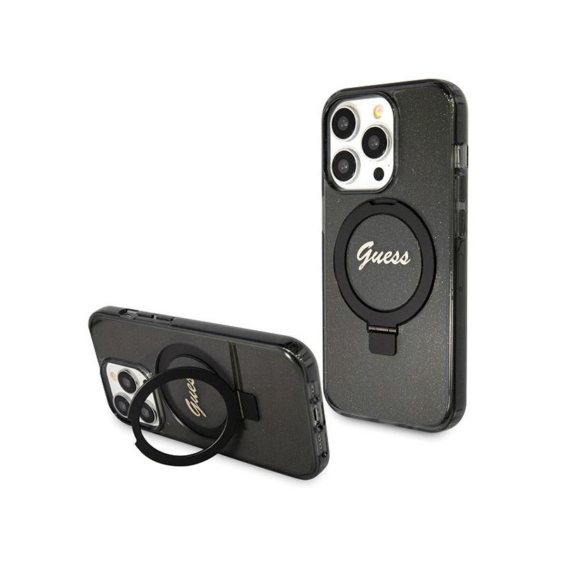 Etui Guess GUHMP13XHRSGSK Apple iPhone 13 Pro Max hardcase Ring Stand Script Glitter MagSafe czarny/black
