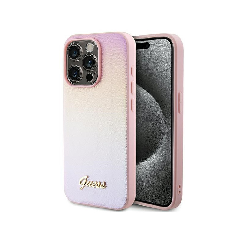 Etui Guess GUHCP15LPSAIRSP Apple iPhone 15 Pro hardcase Saffiano Iridescent Script różowy/pink