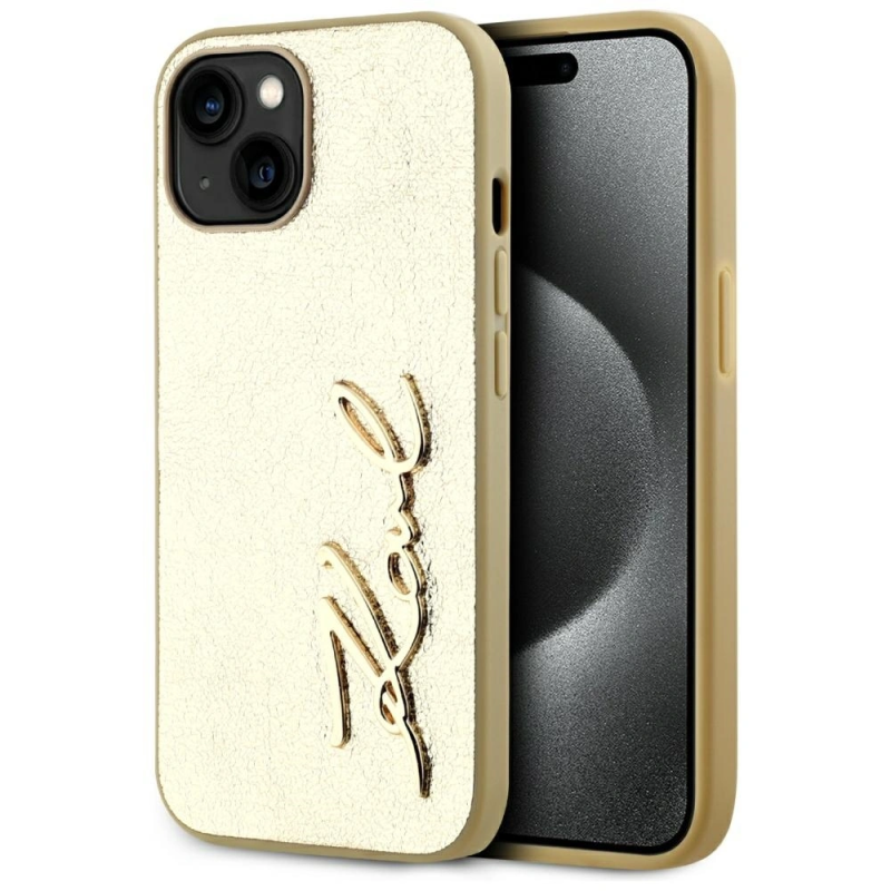 Etui Karl Lagerfeld Wrinkled Metal Signature do Apple iPhone 15 złoty